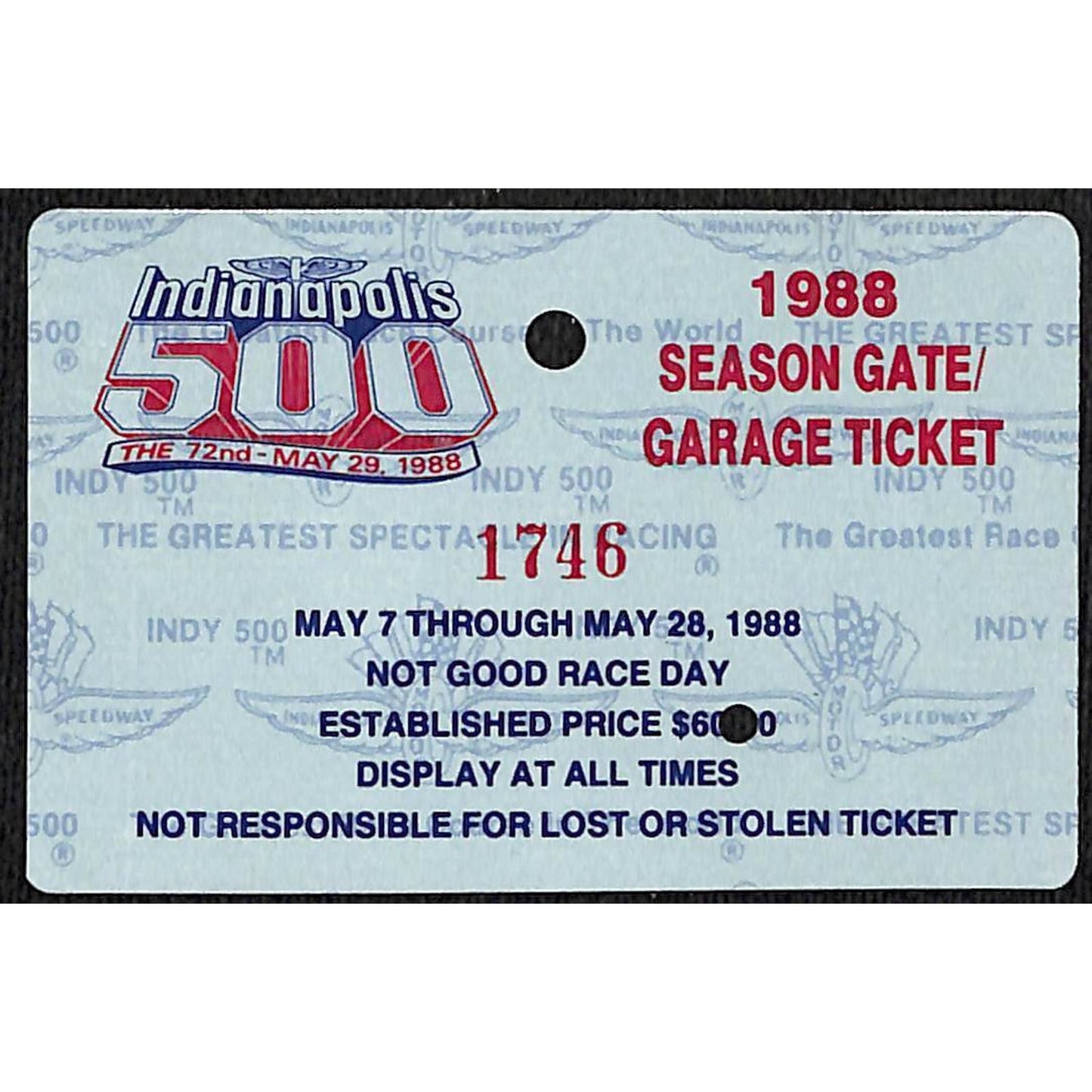 1988 Indy 500 Season Gate / Garage Ticket Pass Card Indianapolis IMS #1746 VGC