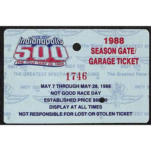 1988 Indy 500 Season Gate / Garage Ticket Pass Card Indianapolis IMS #1746 VGC