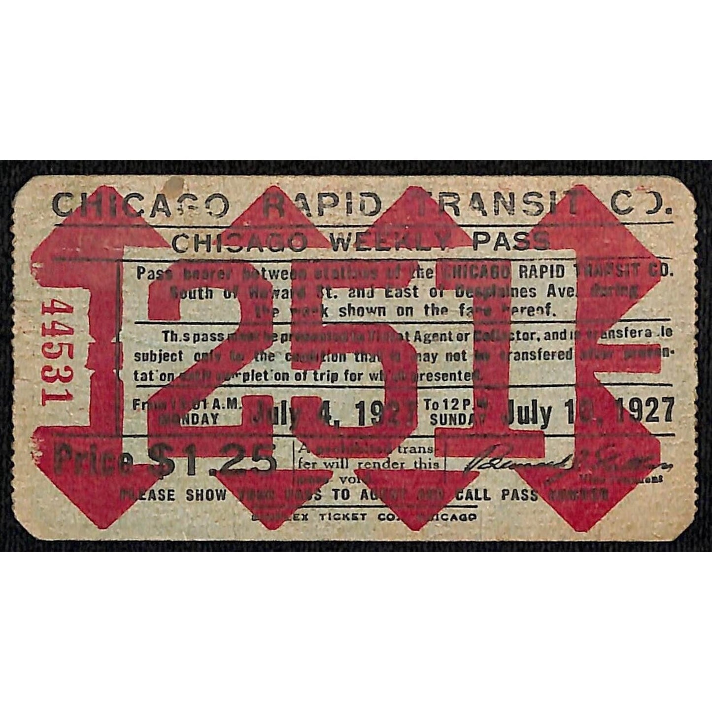 1927 Chicago Rapid Transit July Weekly Pass / Ticket "251"