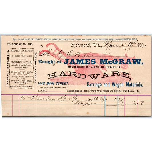 James McGraw Hardware Wagon Letterhead Richmond, VA to: Geo. E. Wear c1891