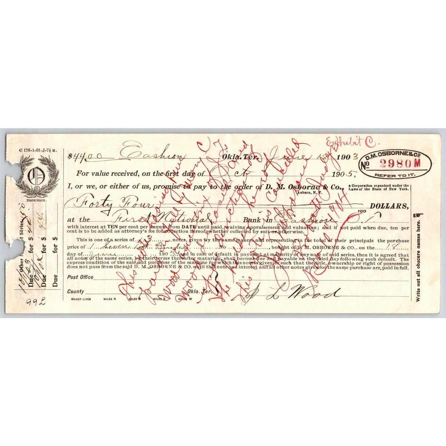 Cashion, OK Indian Territory 1903 Promissory Note w/ Property Statement - Scarce