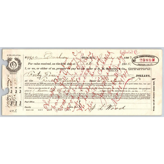 Cashion, OK Indian Territory 1903 Promissory Note w/ Property Statement - Scarce