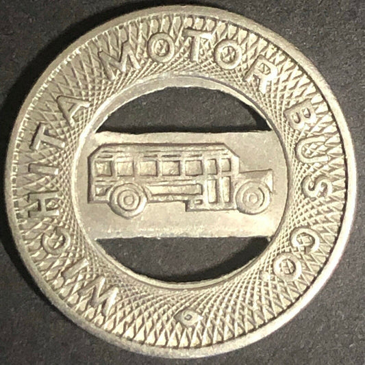 c1940's 20mm Wichita Motor Bus Co. G/F One Fare Brass Transit Token -- Kansas