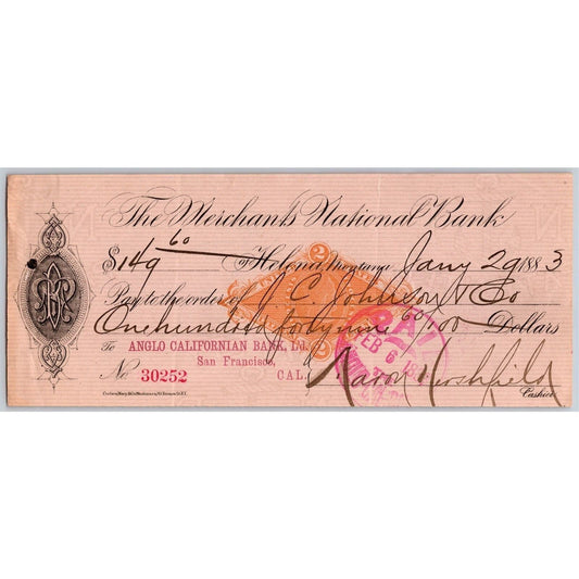 Merchants National Bank Helena, MT 1883 w/ Revenue Stamp Underprint VGC