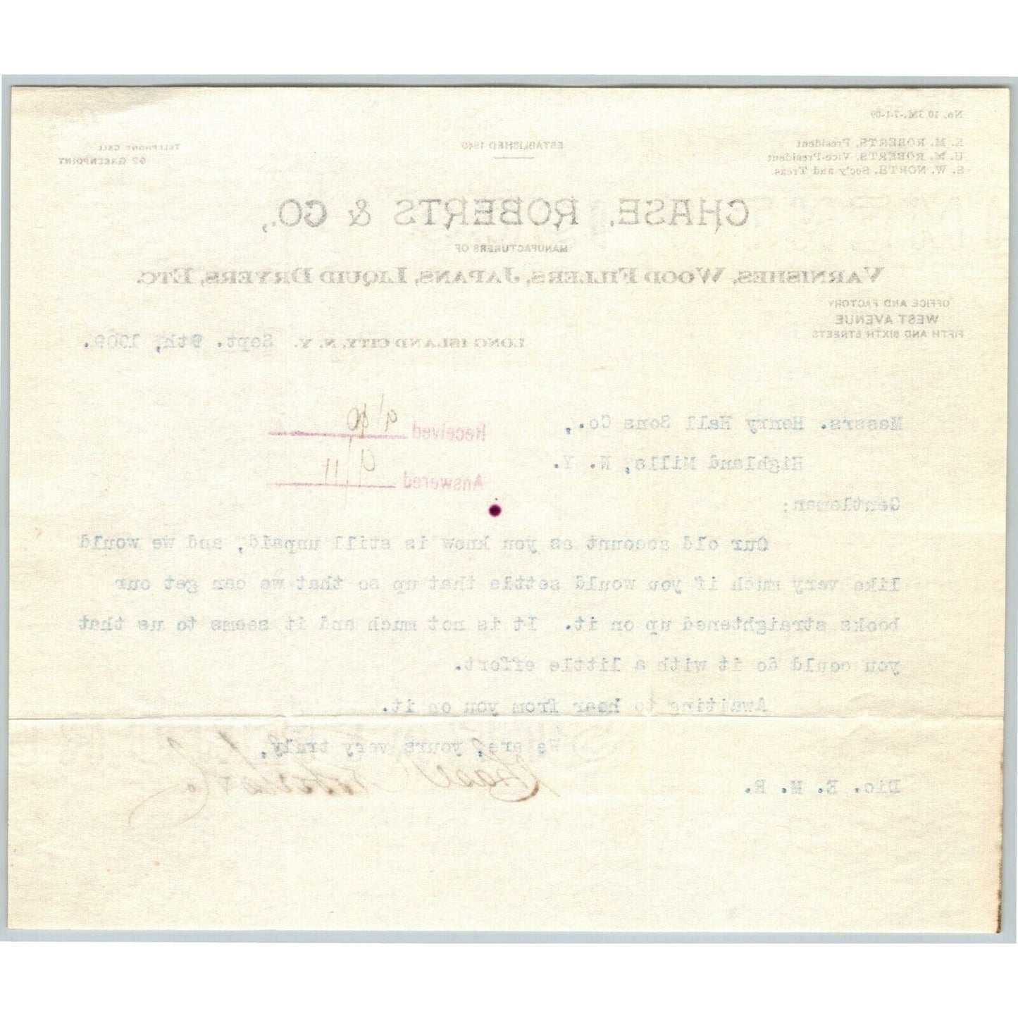 Long Island City NY Billhead Letterhead 1909 Chase, Roberts & Co. Varnish