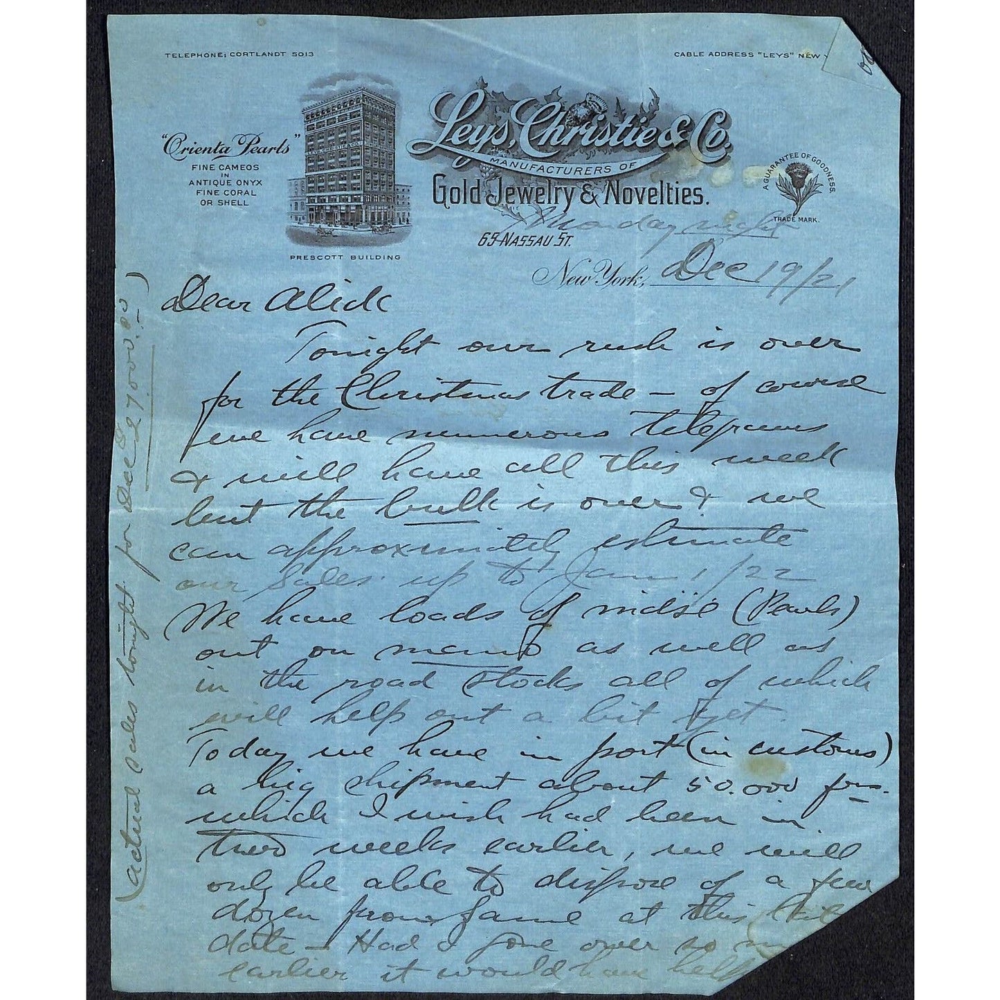 3 Leys, Christie 1921 Letterheads Gold Jewelry Prescott Building NYC