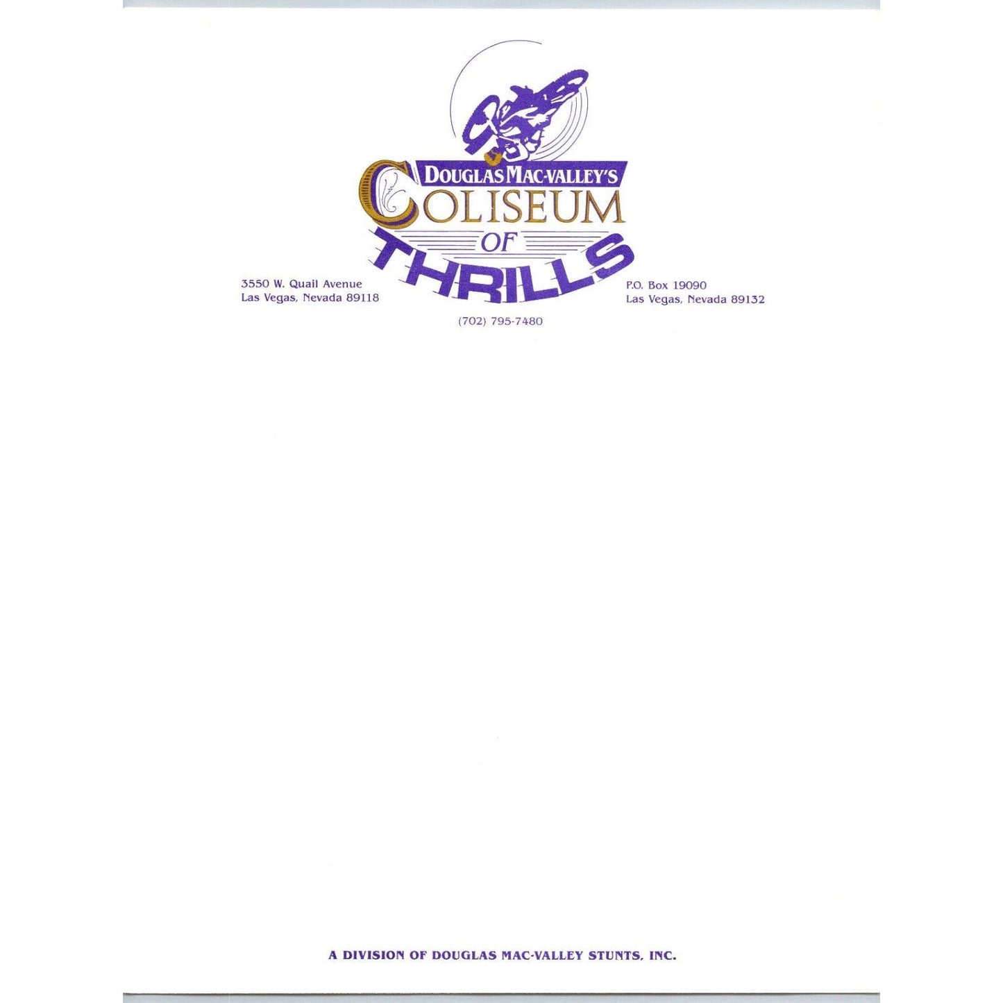 Douglass MacValley's "Coliseum of Thrills" Circus Letterhead c1980's