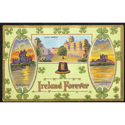 Ireland Forever Postcard / Sligo Abbey / Ross Castle / Carrickfergos c1909