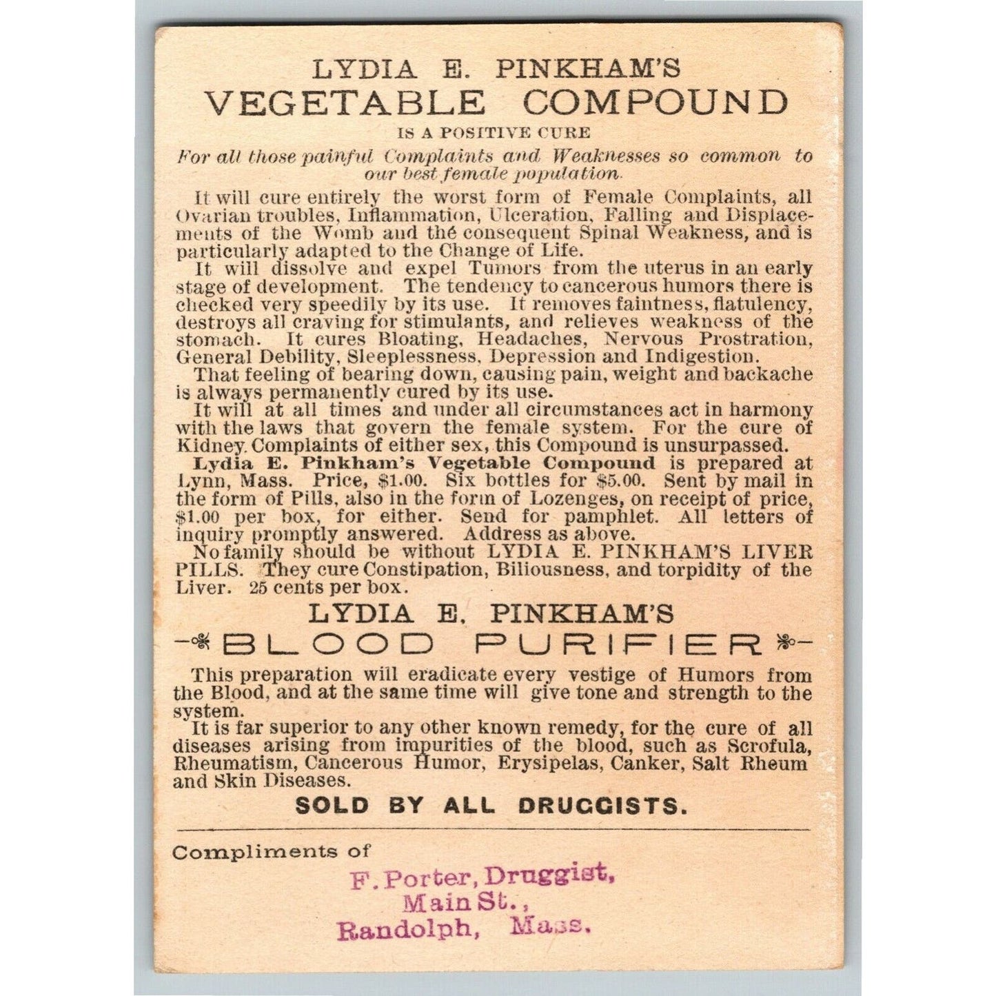 Victorian Trade Card Pinkham's Vegetable Compound Winter Water Wheel Grist Mill