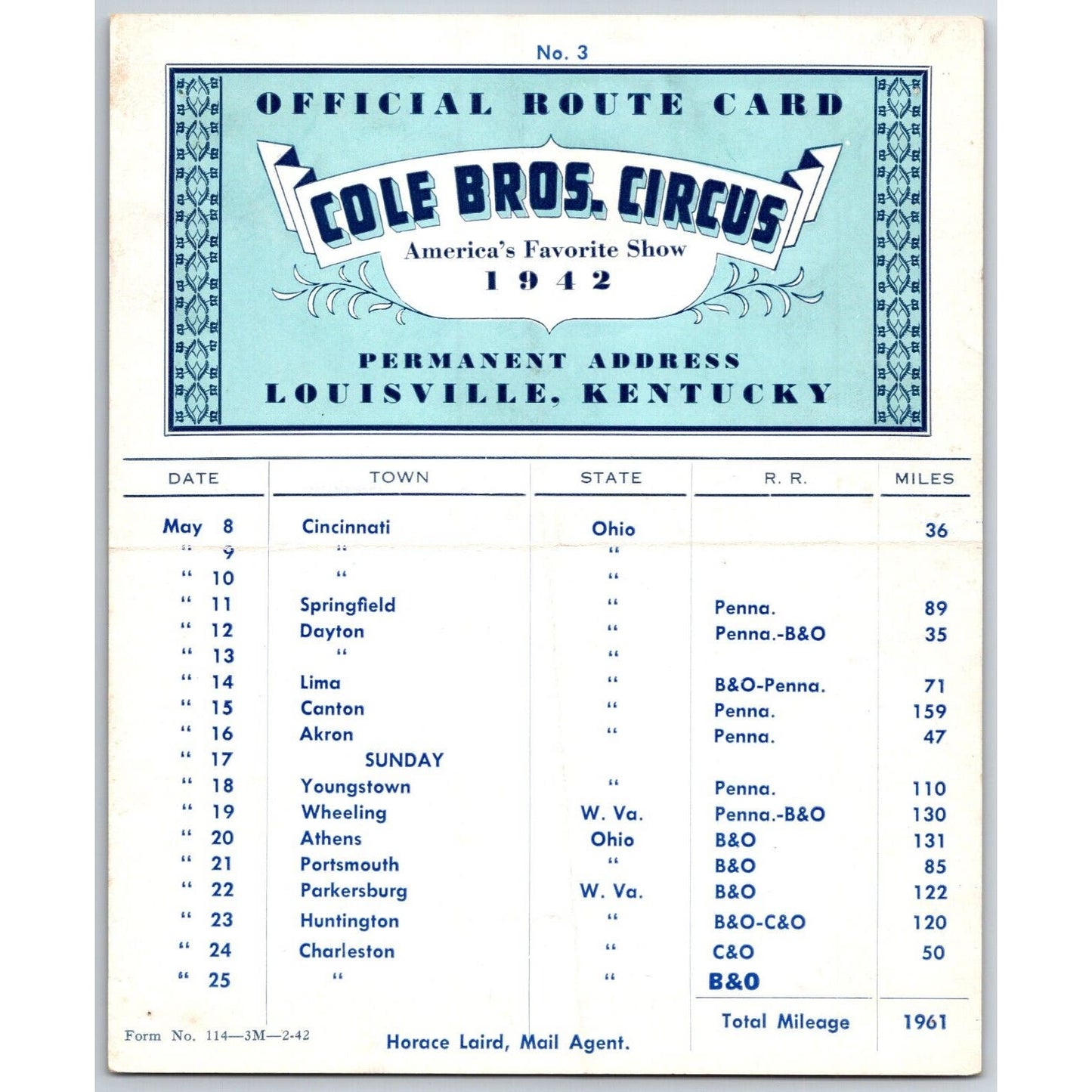 1942 Cole Bros Circus Route Card Ohio West Virginia