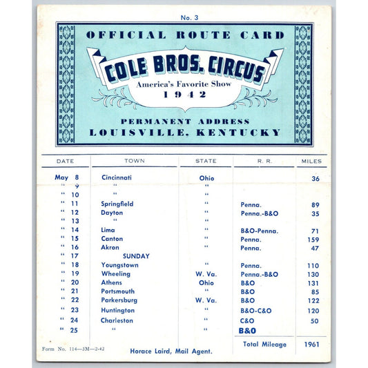 1942 Cole Bros Circus Route Card Ohio West Virginia