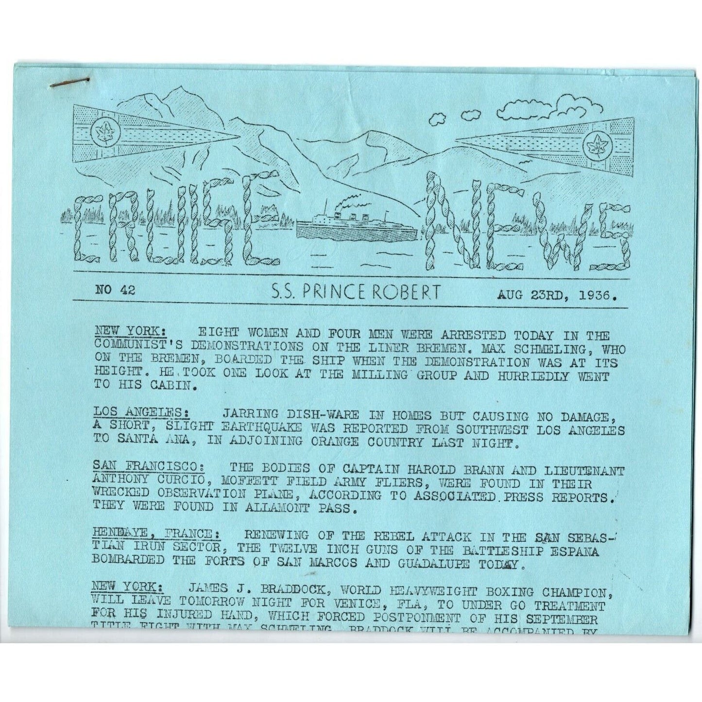 1936 SS Prince Robert Daily "Cruise News" 2 Pages