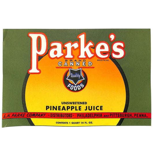 1948 Paper Can Label Parke's Brand Canned Pineapple Juice Phila. - Scarce