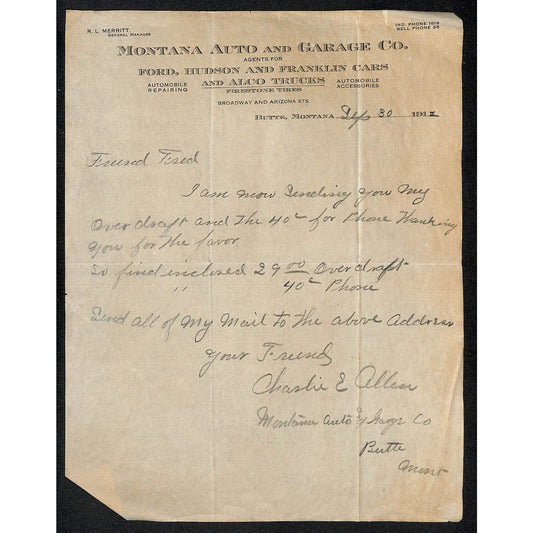 Butte, MT "Montana Auto and Garage Co." 1912 Letterhead Ford Hudson Franklin Car
