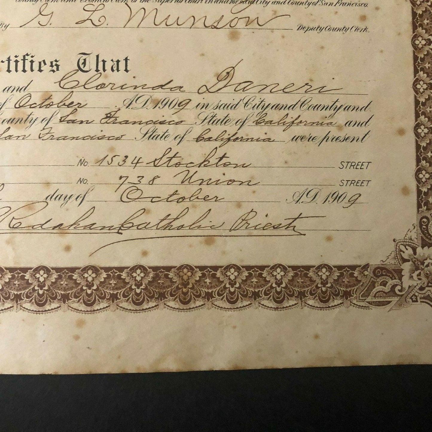 1909 Large San Francisco Marriage License 13 1/2" x 15"