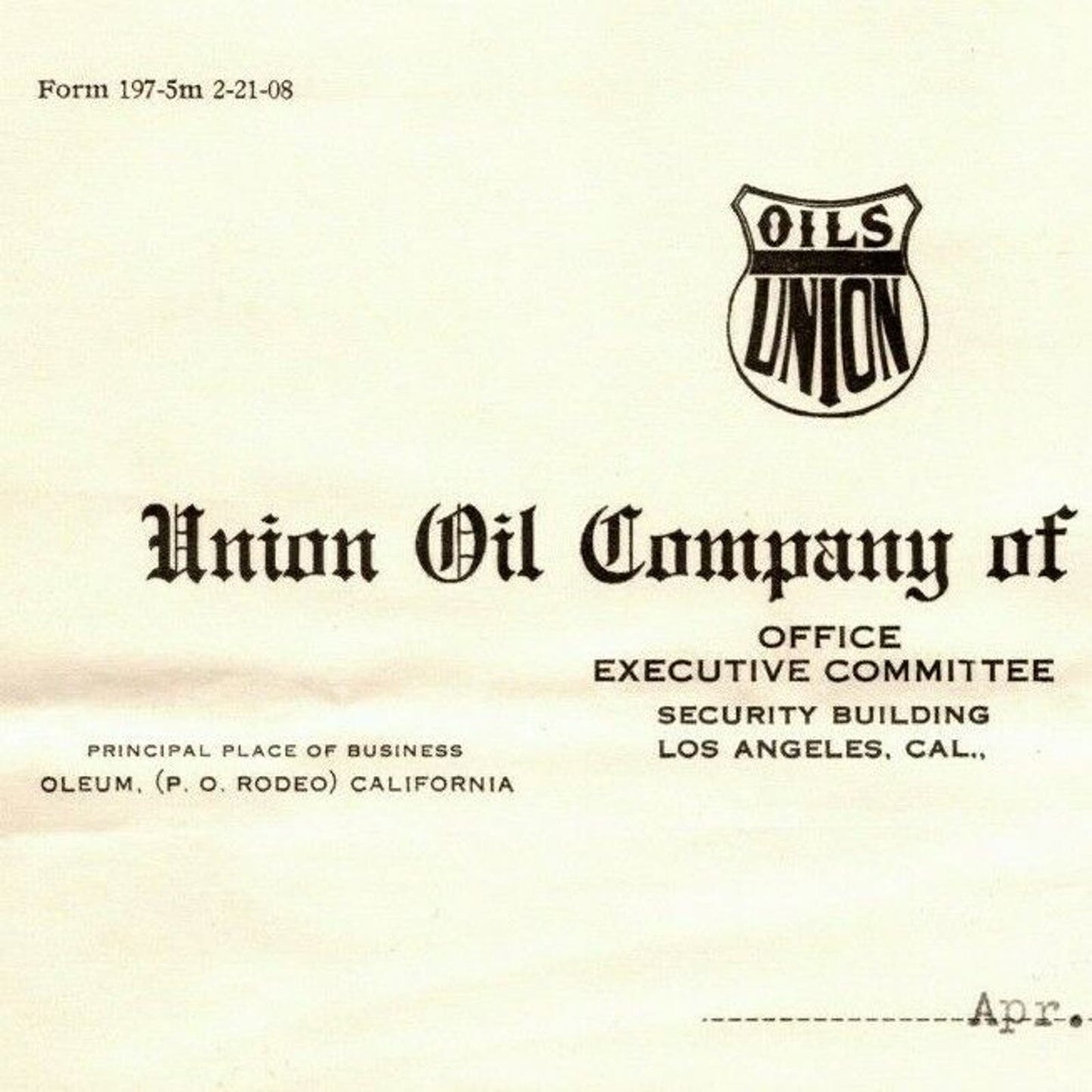 1908 Union Oil Co. of California - Los Angeles Billhead / Receipt