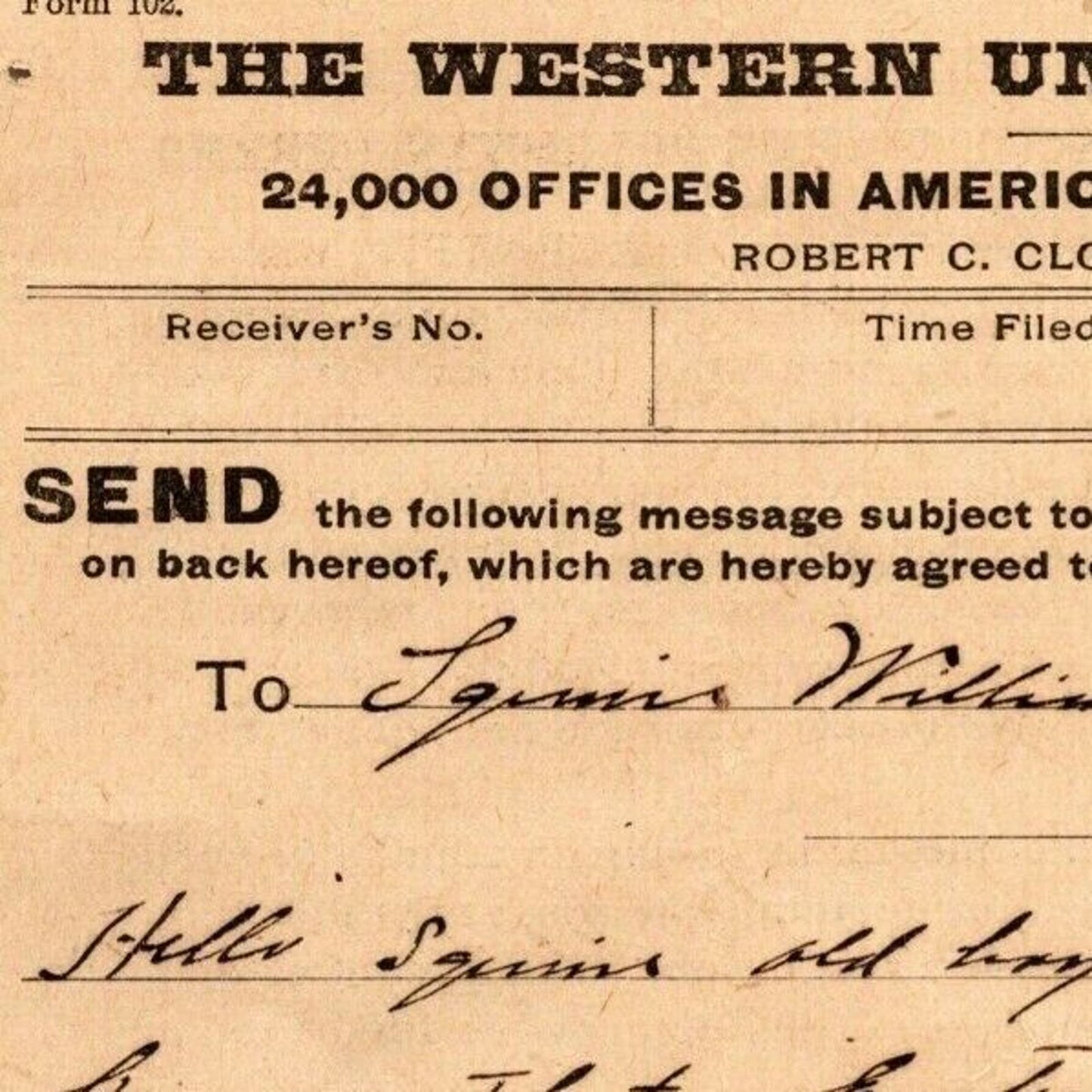 190? Western Union Telegraph re: Collage Game in Livingston Tennessee