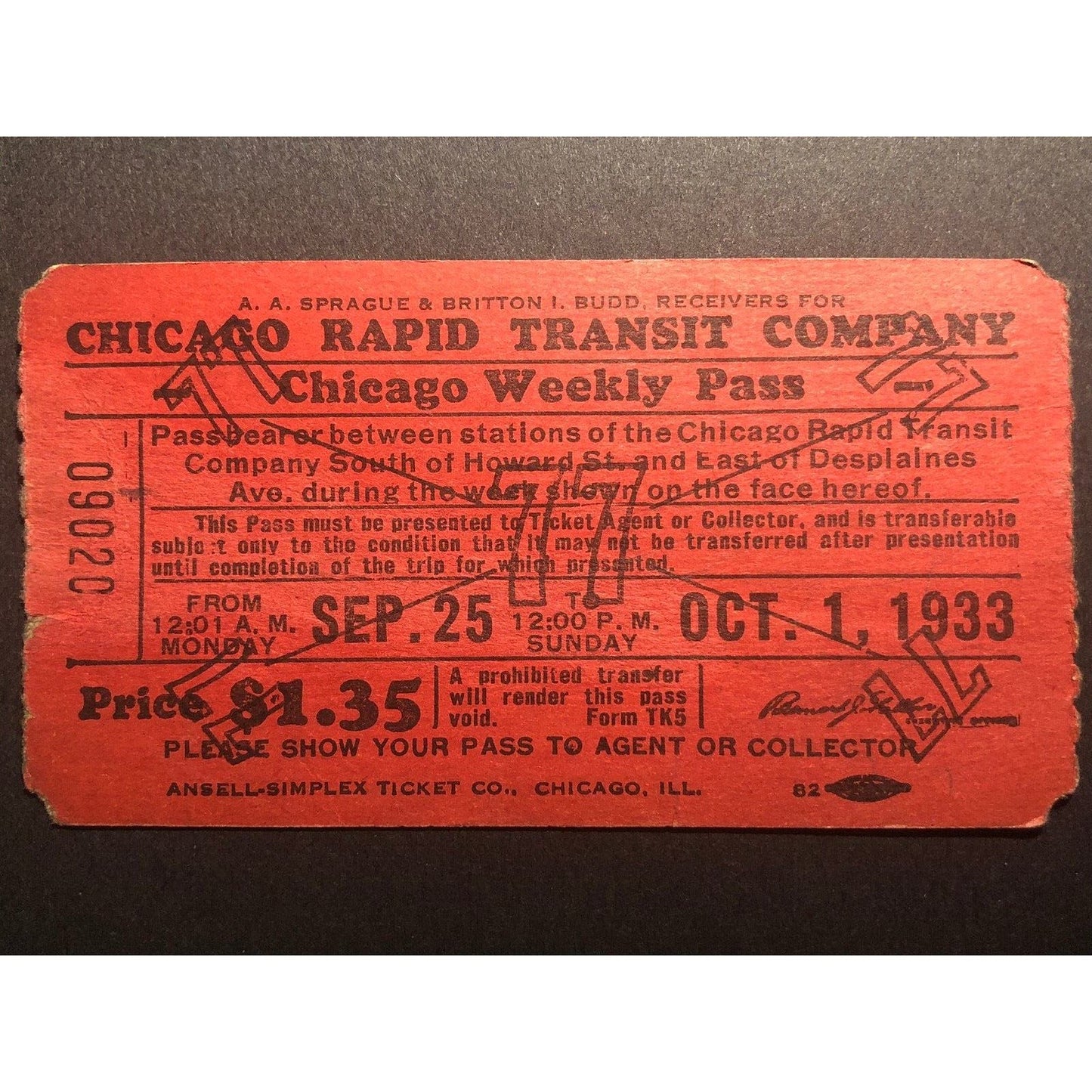 Chicago Rapid Transit Co. Weekly Pass Sept. / Oct. 1933