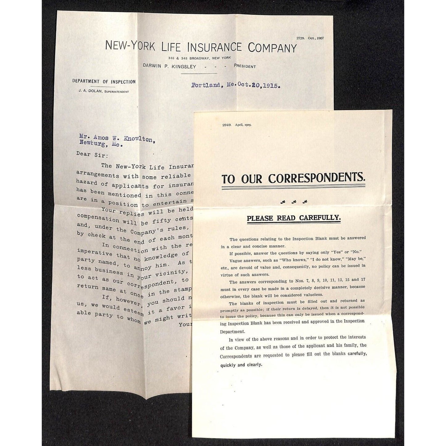 Newburgh, ME Amos W. Knowlton* 1915 New York Life Insurance Co. Letterhead ++