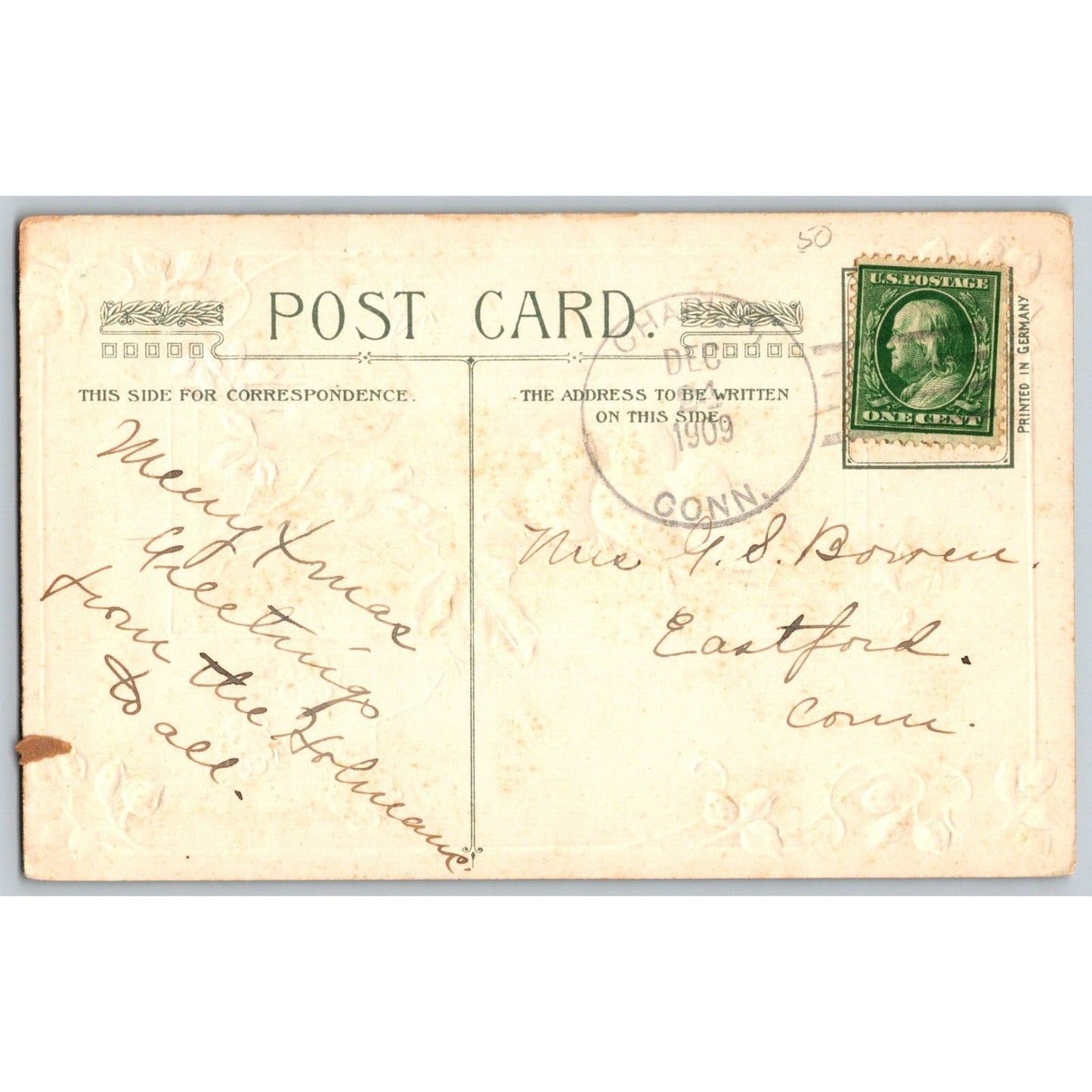 "With Best Christmas Wishes" Postcard Birds on Tree Branch Emb. PM 1909