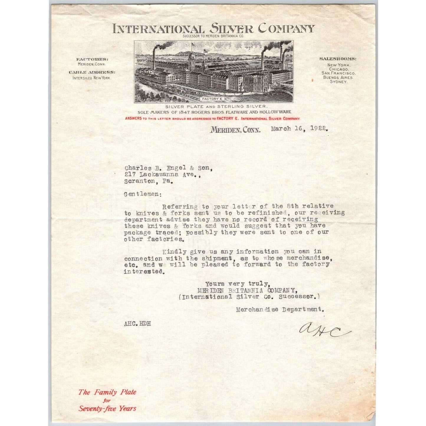 Meriden, CONN International Silver Co. Plate Sterling - 1922 "Engel" Letterhead