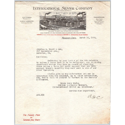 Meriden, CONN International Silver Co. Plate Sterling - 1922 "Engel" Letterhead