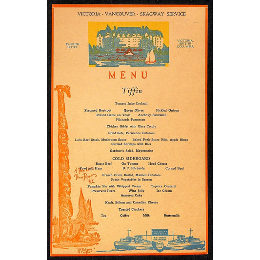 Canadian Pacific B.C. Coast Steamship Menu "Empress Hotel" c1936-40's