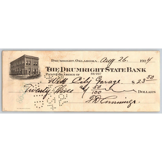 Drumright, OK 1924 Webb City Garage State Bank Check w/ Vignette - Scarce