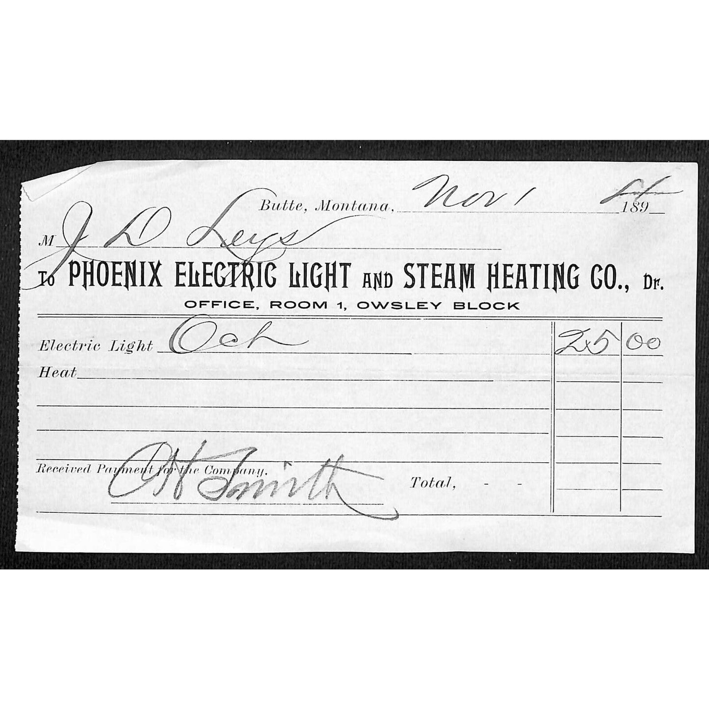 Butte Montana 1894 Phoenix Electric Light and Steam Heating Billhead Receipt