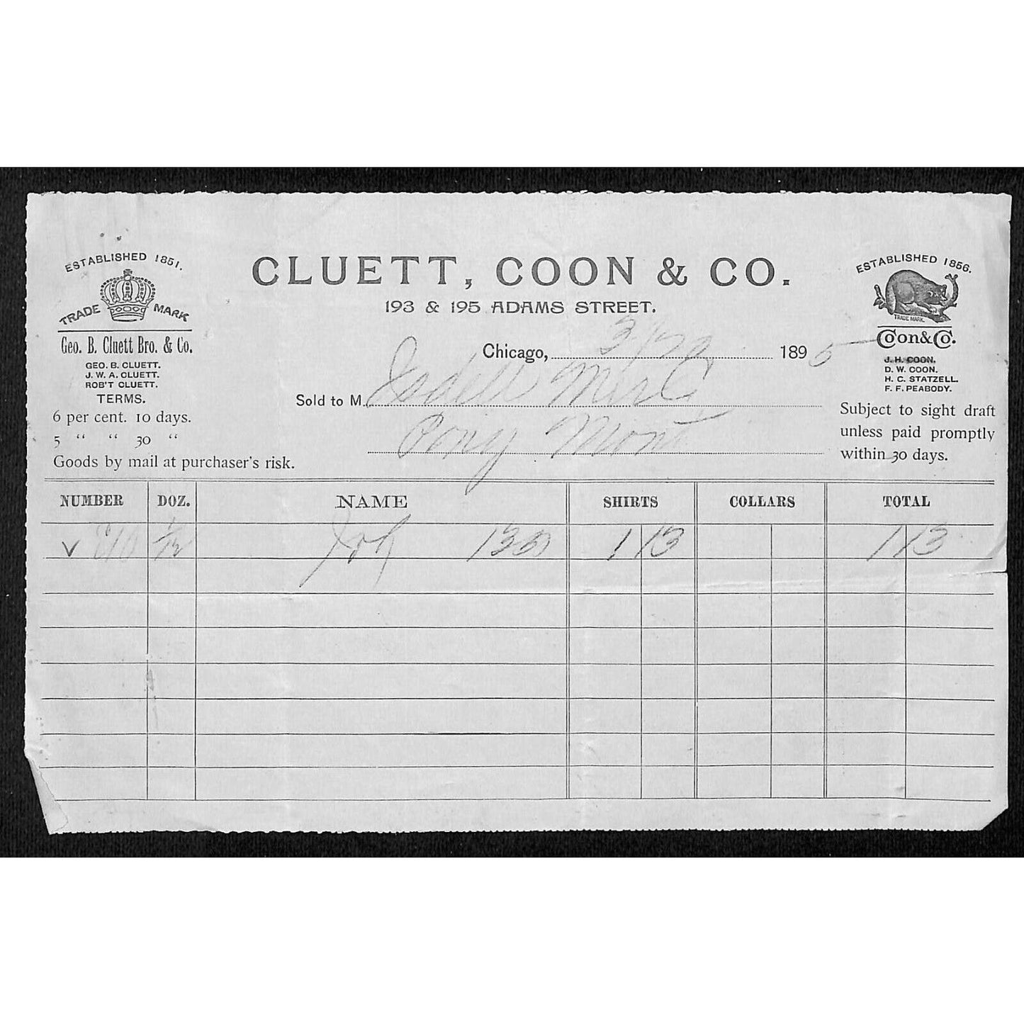Chicago, IL Cluett, Coon & Co. Collars 1895 Billhead (Arrow Shirt)