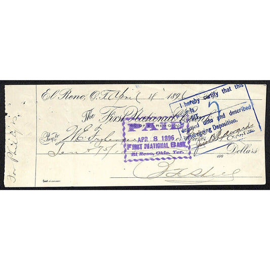 El Reno, OK 1896 Territorial "First National Bank" Check - Scarce
