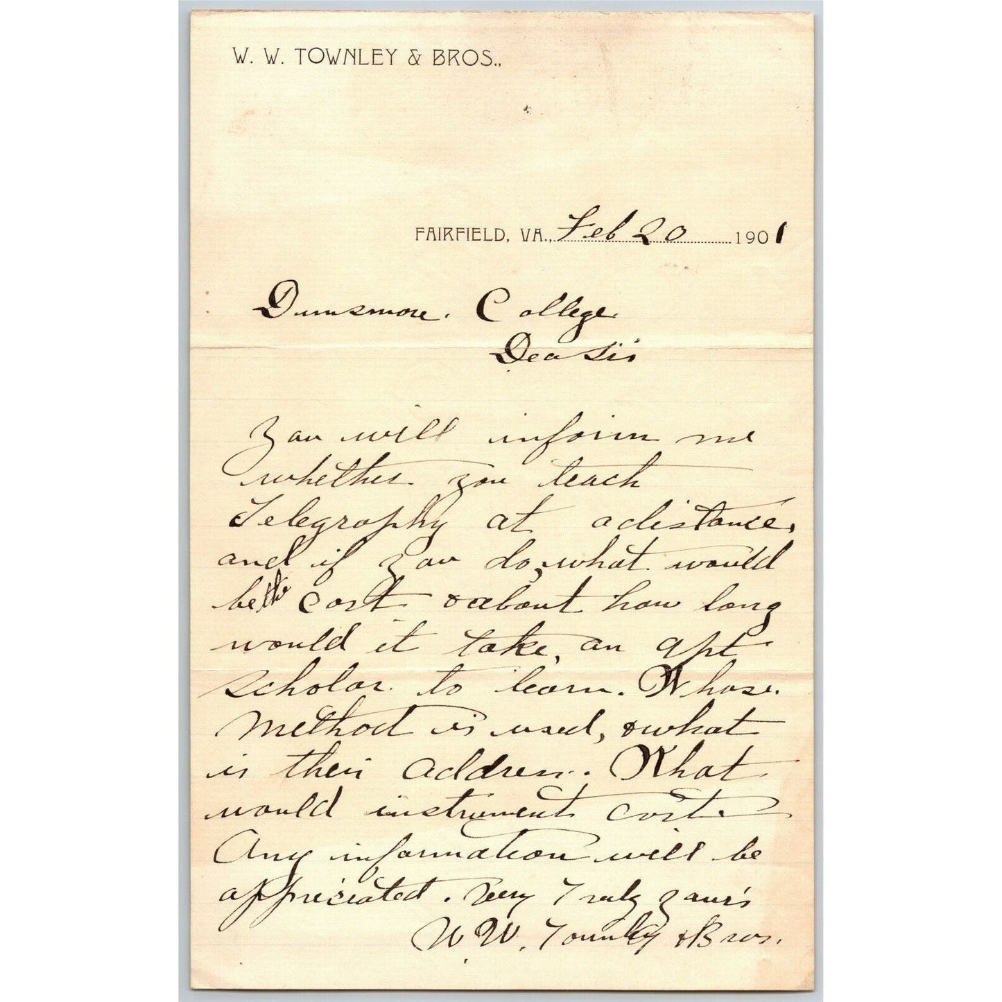 1901 Scarce W.W. Townley & Bros. Hardware? Fairfield, VA Letterhead