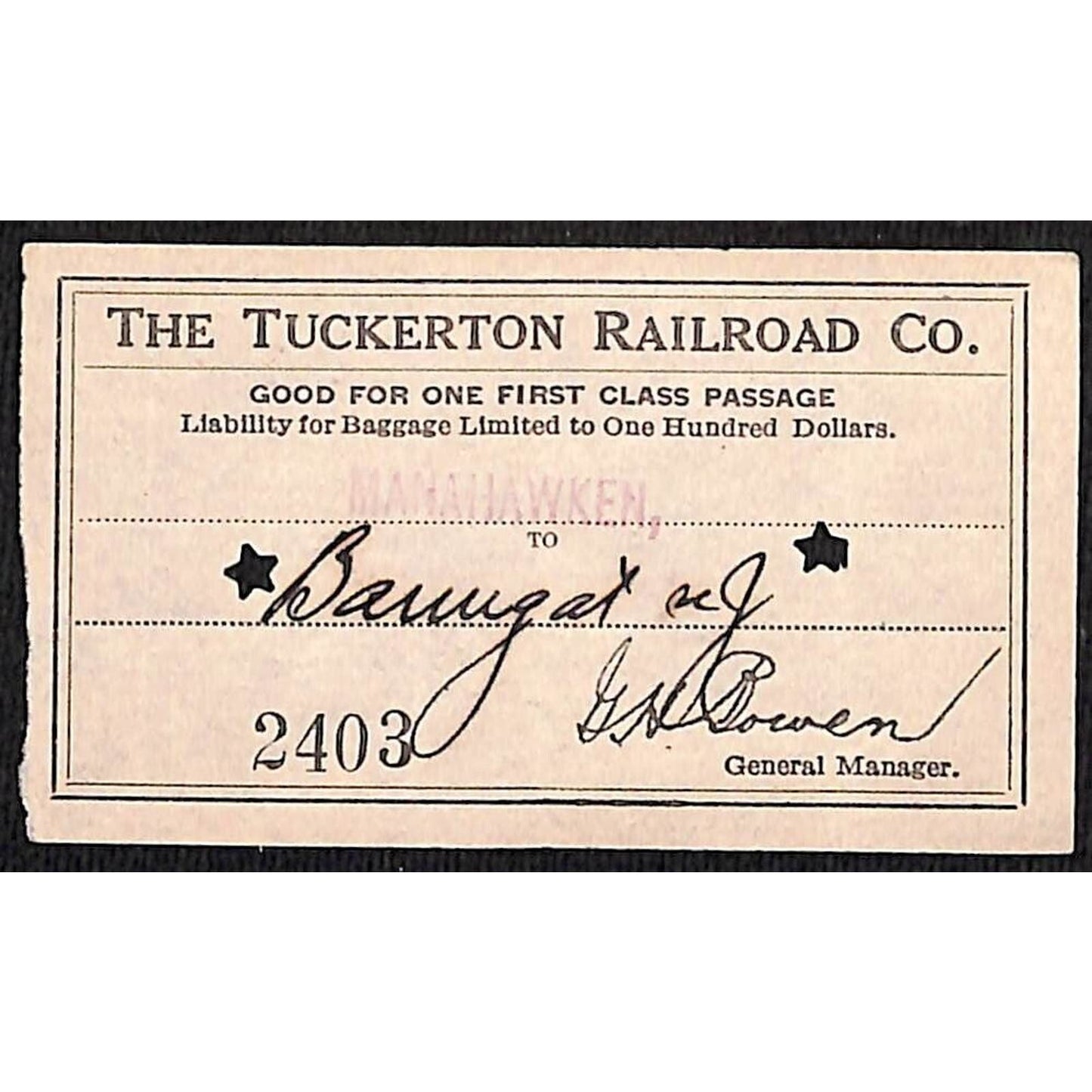 1931 Tuckerton Railroad First Class Ticket Manahawken, NJ Scarce #2403
