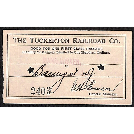 1931 Tuckerton Railroad First Class Ticket Manahawken, NJ Scarce #2403