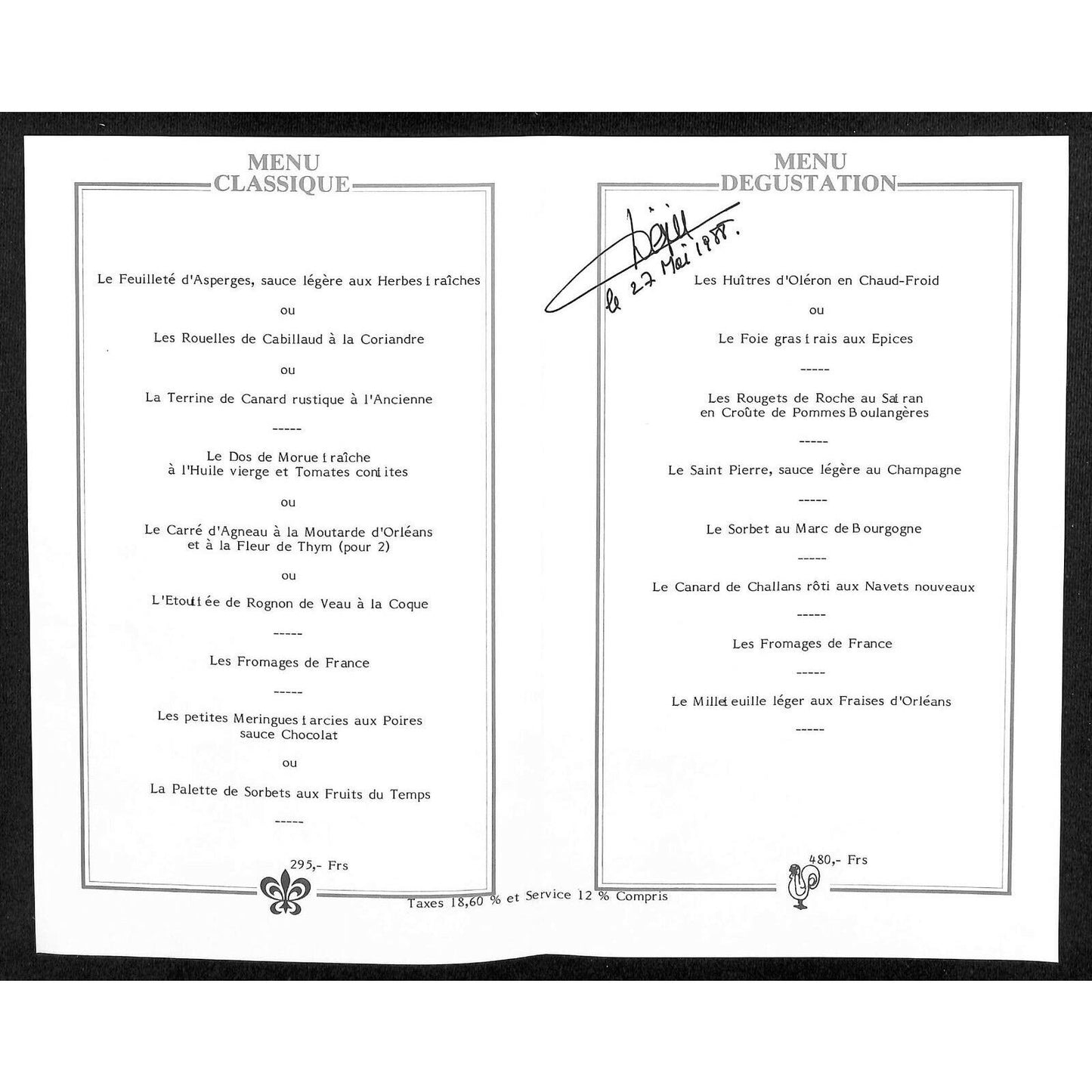 1988 Relais & Chateaux Auberge des Templiers Hotel Restaurant Menu - Signed
