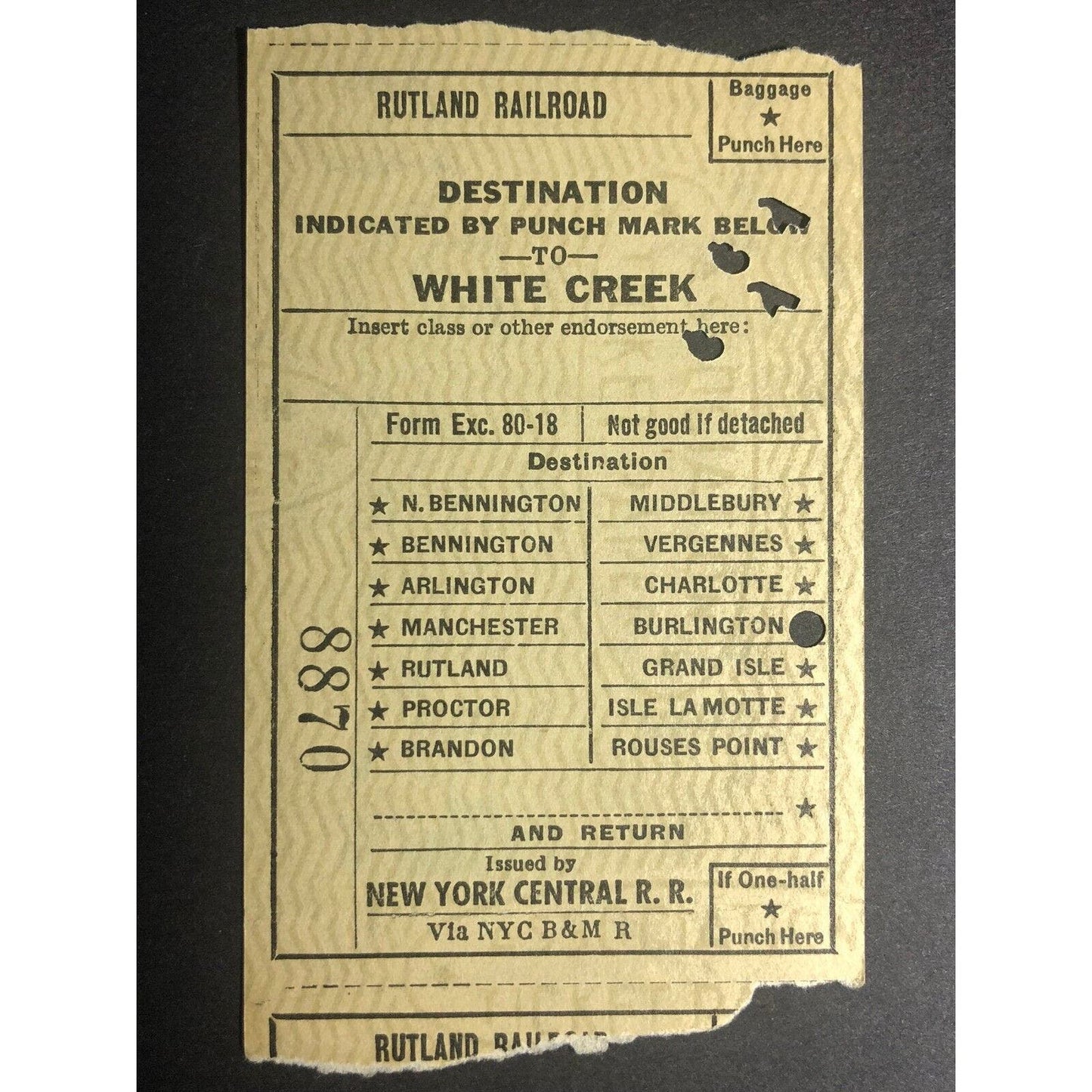 1953 Rutland Railroad / NY Central RR "to White Creek" Check / Ticket #8870