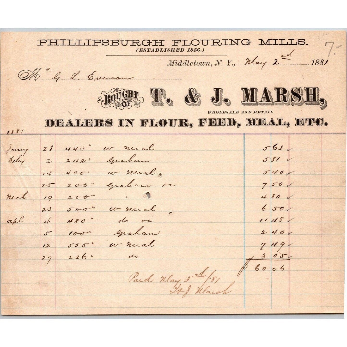 T. & J. Marsh 1881 Letterhead Middletown, NY Phillipsburgh Flouring Mills
