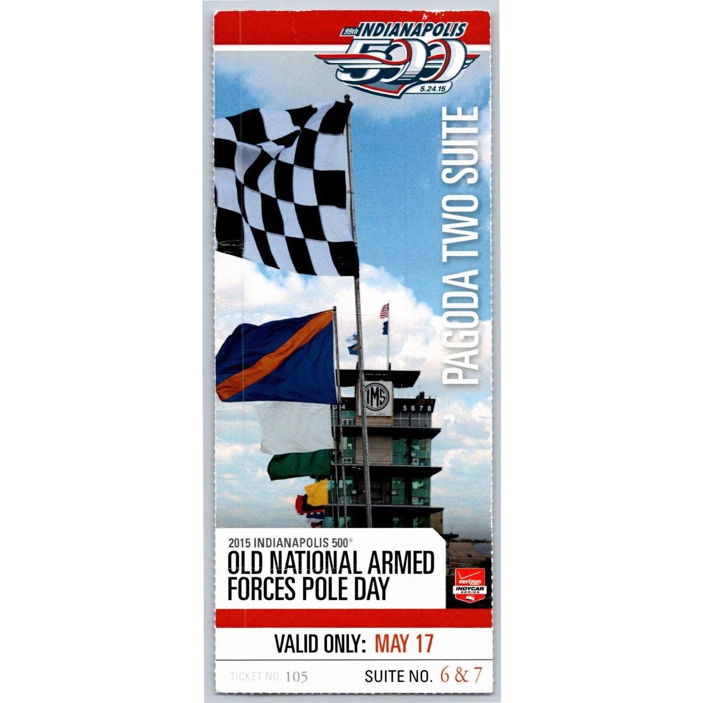 2015 Indy 500 Armed Forces Day Ticket Stub Pagoda Suite Two Indianapolis #105