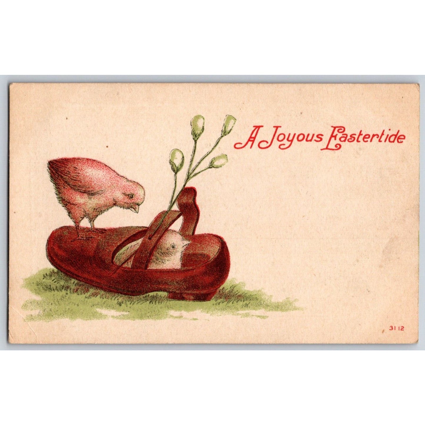 Easter Postcard "A Joyous Eastertide" 2 Baby Chicks Play w/ Shoe NP c1920