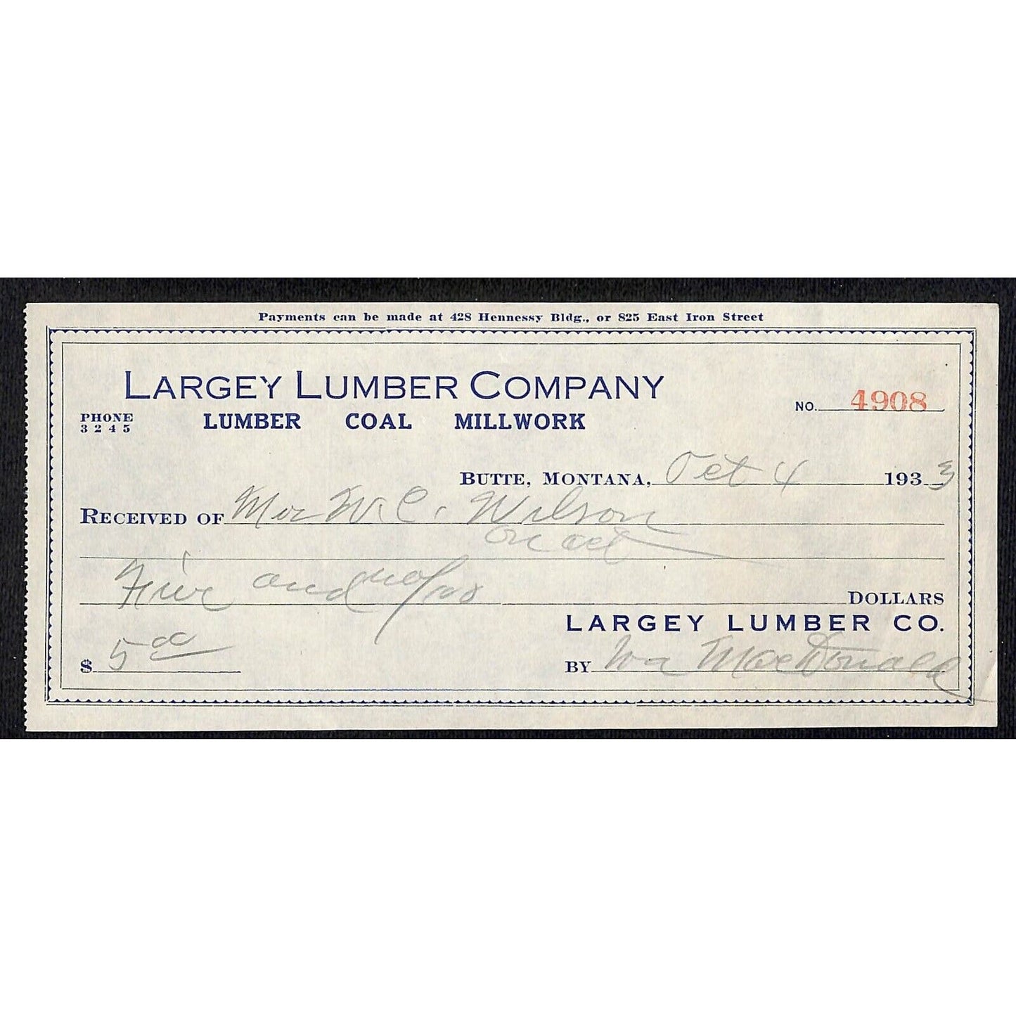 Largey Lumber Co. Butte Montana 1933 Billhead Letterhead - Wilson Drug