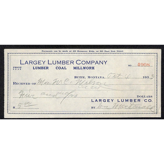 Largey Lumber Co. Butte Montana 1933 Billhead Letterhead - Wilson Drug