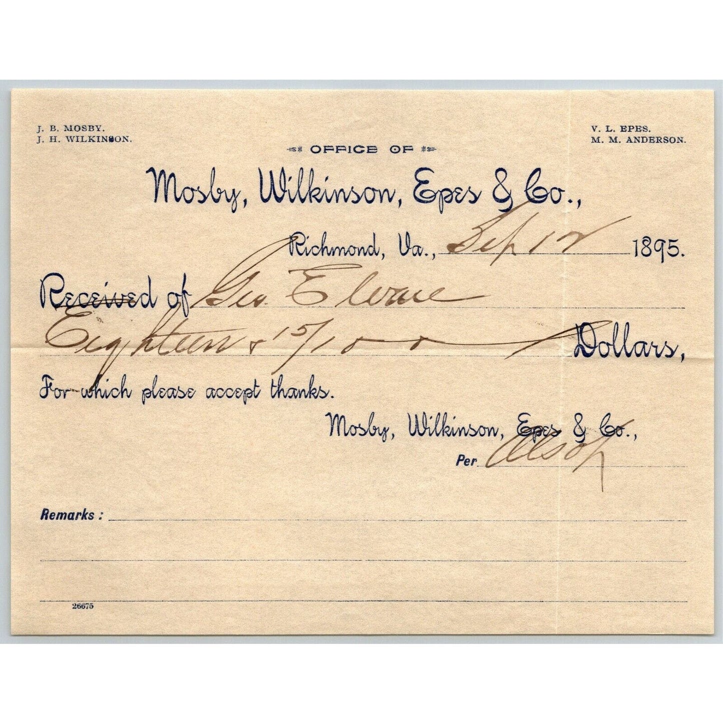 Mosby, Wilkinson, Epes & Co. Letterhead Richmond, VA to: Geo. E. Wear c1895
