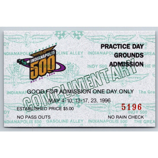 1996 Indy 500 Practice Day Grounds Admission Comp Ticket Pass Card IMS #5196 VGC