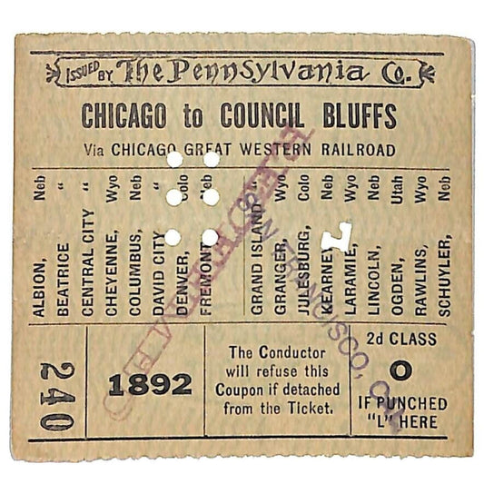 "The Pennsylvania Co" Chicago Great Western Railroad 1892 Ticket #240