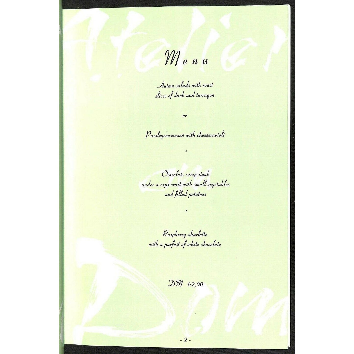 Dom-Hotel Koln-Cologne Restaurant Menu c1996 "Atelier on Dom"