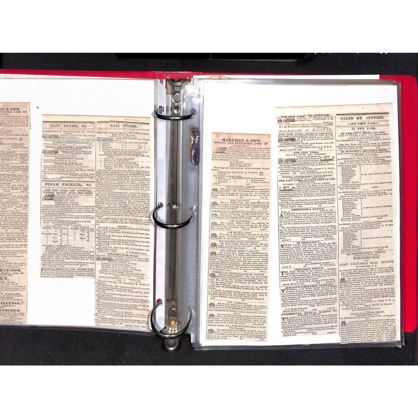 Binder of 140+ Mostly 1851 Railroad & Steam Boat Schedule Newspaper Clippings