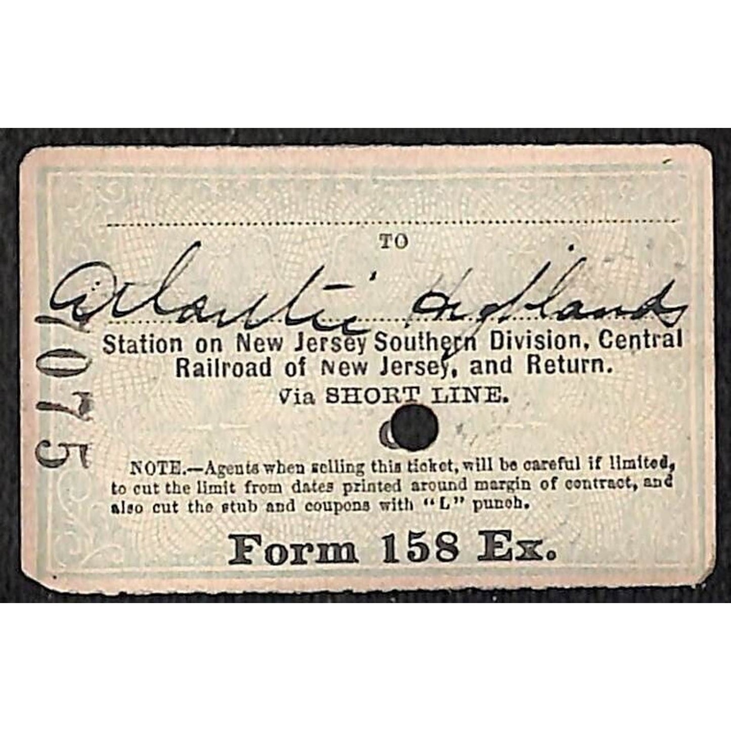 New York & Long Branch Railroad 1896 Ticket North Asbury Park AC Highlands #7075