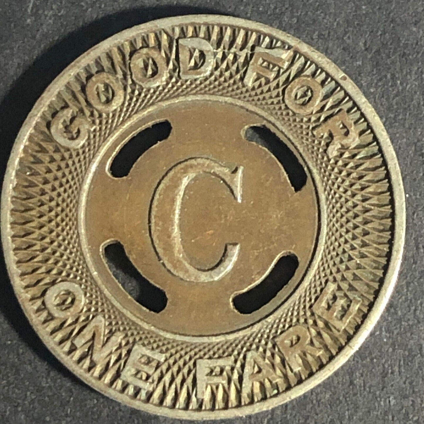 Canton City Lines Inc. "C" G/F One Fare Brass Transit Token - 22.74mm