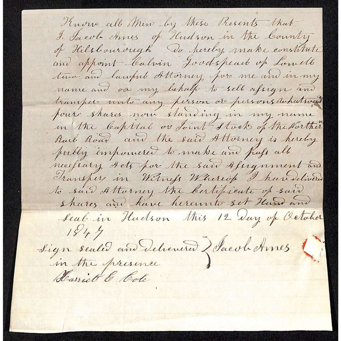 1847 Northern Railroad Stock Certificate w/ ALS Power Attorney Document w/Seal