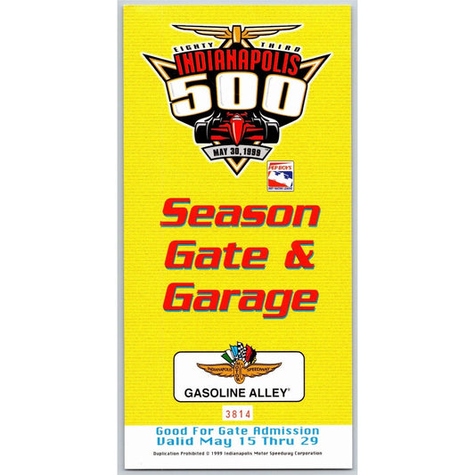 1999 Indy 500 Season Garage / Gasoline Alley Pass Indianapolis IMS VGC #3814
